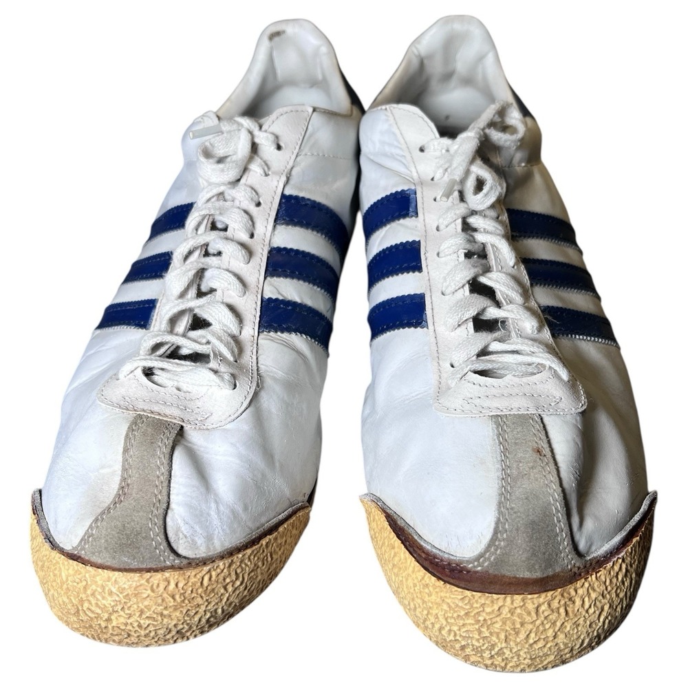 Vintage Adidas Rom White Leather‎ Blue Stripe Gum Sole Sneakers Made France Sz13